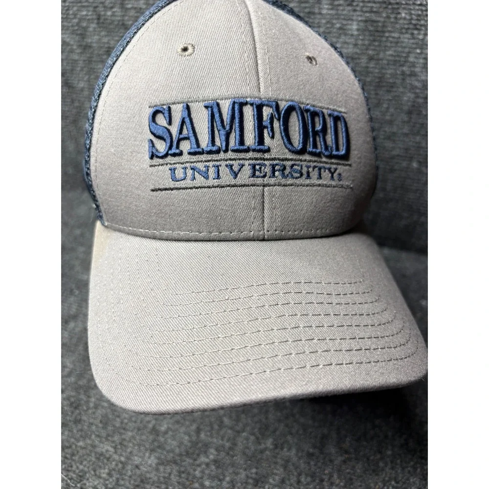 The Game Samford University Bulldogs Trucker Hat Khaki Navy Blue Snapback Cap